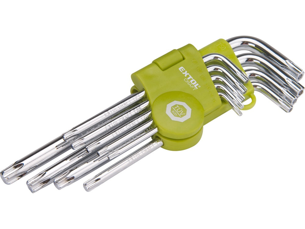 Torx kulcs klt., Cr40. 9db, egyik vége lyukas; T10,15,20,25,27,30,40,45,50, bliszteren