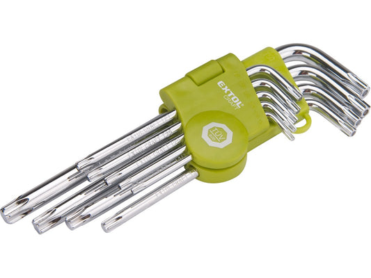 Torx kulcs klt., Cr40. 9db, egyik vége lyukas; T10,15,20,25,27,30,40,45,50, bliszteren