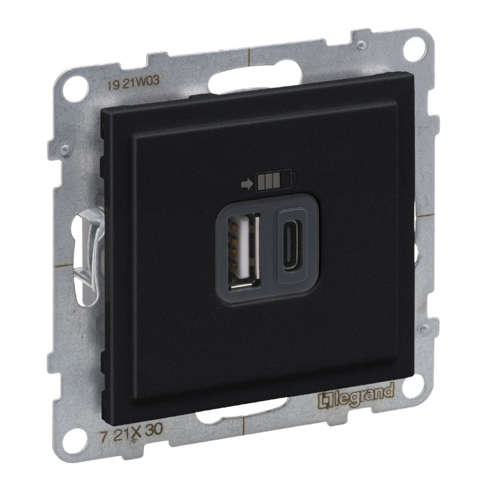 LEGRAND Suno fekete 2xUSB - A+C csatlakozóaljzat, 3 A - 15 W, keret nélkül 721430