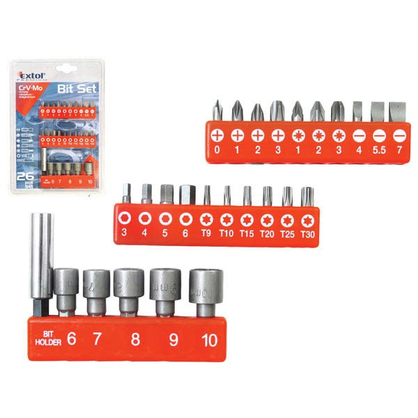 Bit készlet. 26db CV.-Mo ; PH,PZ,lapos,torx, hexagonális, mágn. bittartó, dugókulcsok