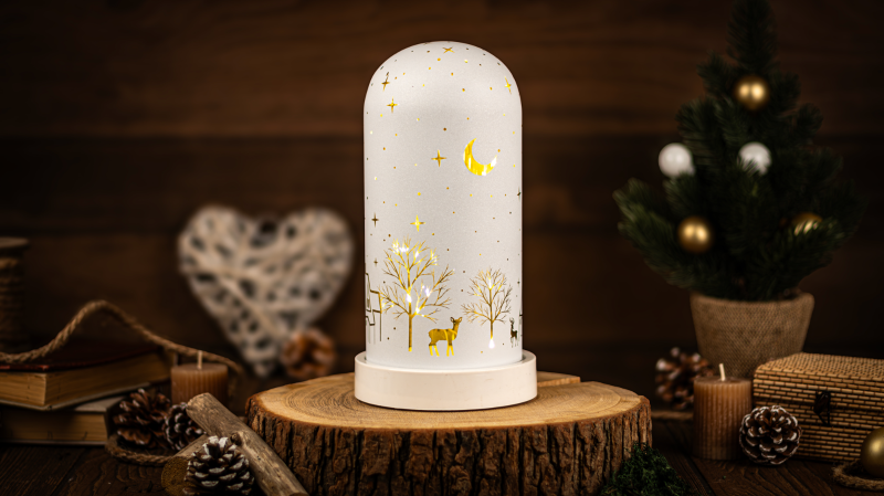 LED karácsonyi bura, tájkép, üveg, elemes, Timer 6+18h, 10LED, 3000K, 3xAA,CHRGW10WW