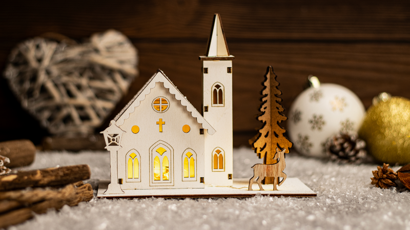 LED karácsonyi templom, fa, elemes,Timer 6+18h, 3LED, 3000K, 2xAAA,CHRHC3WW