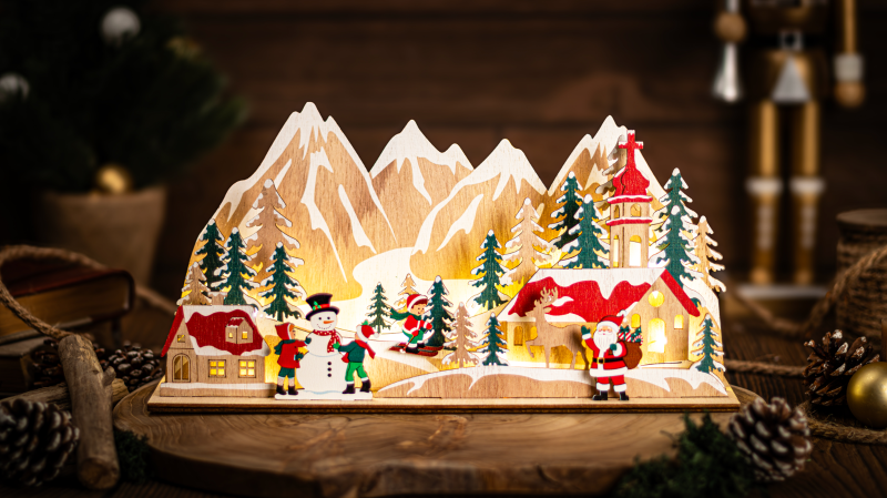 LED karácsonyi falu, fa, elemes , Timer 6+18h, 15LED, 3000K, 2xAA,CHRVILLC15WW