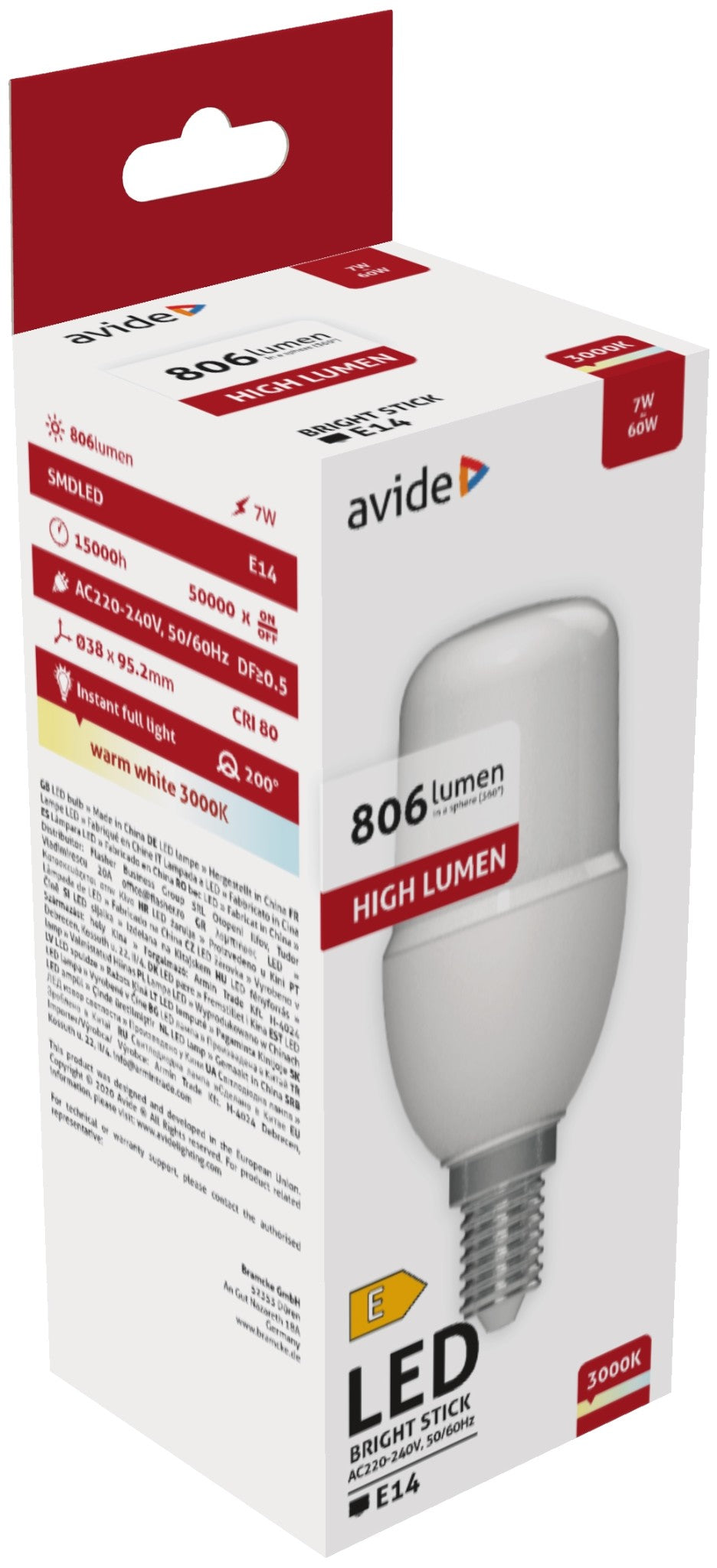 Avide LED Bright Stick izzó T37 7W E14 WW 3000K ABBSE14WW-7WA
