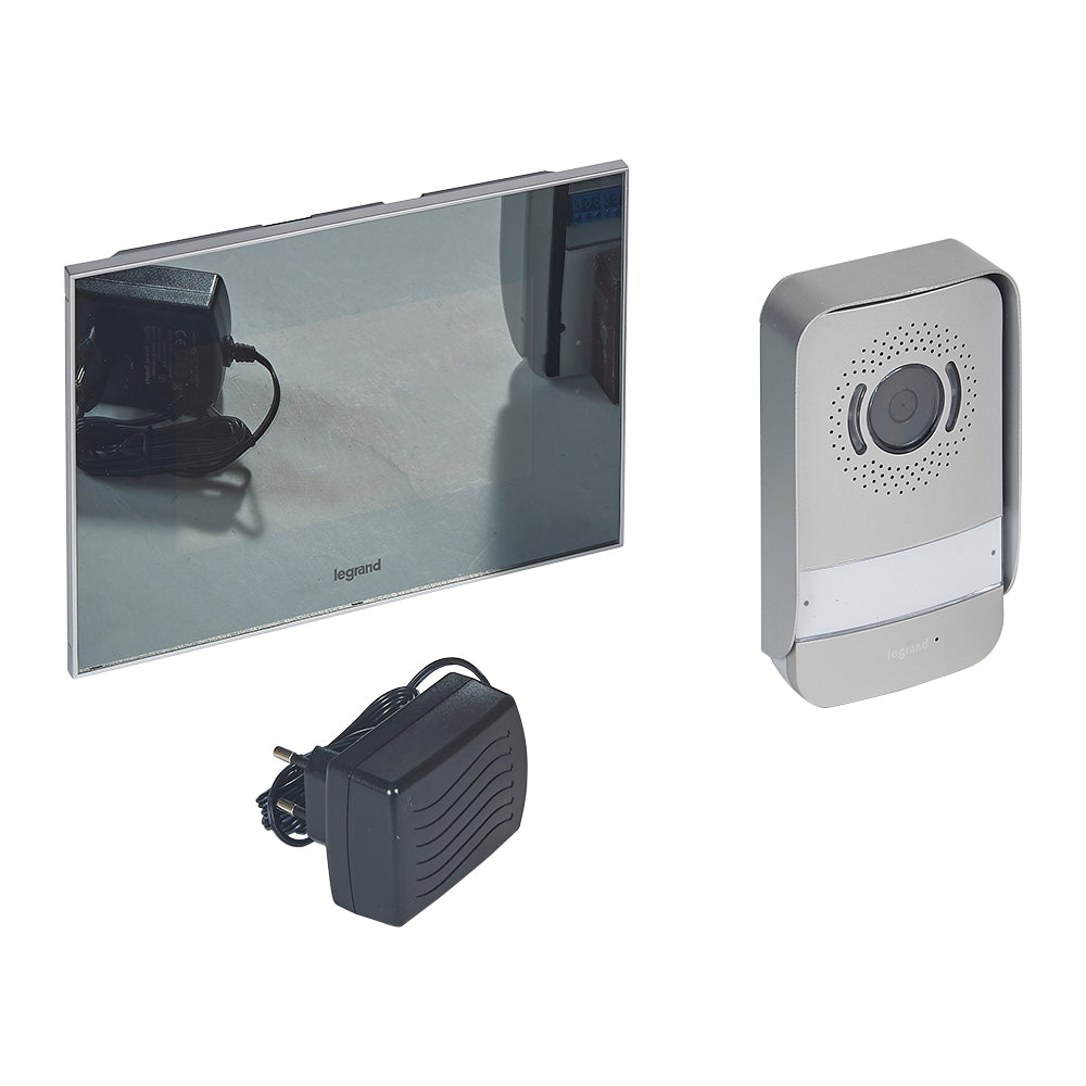 Legrand 2 vezetékes színes videó kaputelefon szett, 1 v. 2 lakásos, 7"-os tükör hatású fekete beltéri egységgel 369220