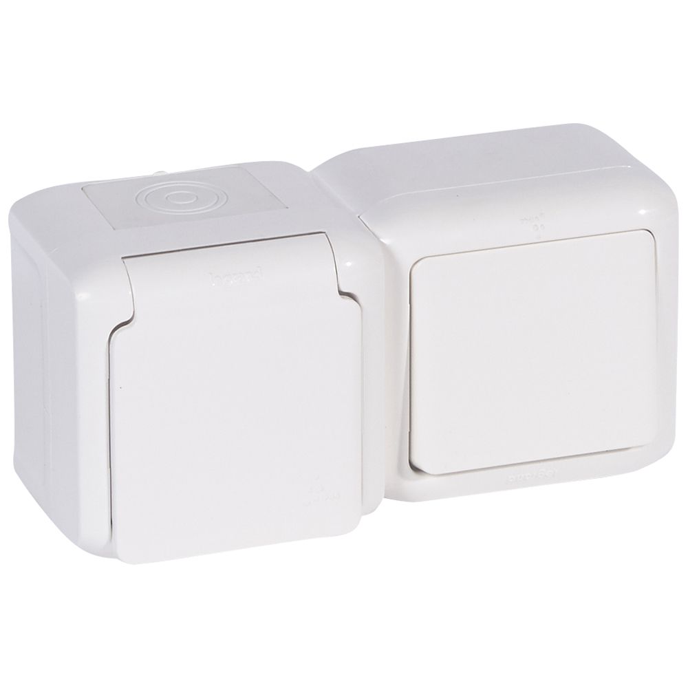 Legrand Forix IP44 fk 1P kapcsoló + Legrand 2p+F csatlakozóaljzat, csapófedéllel, biztonsági zsaluval, fehér