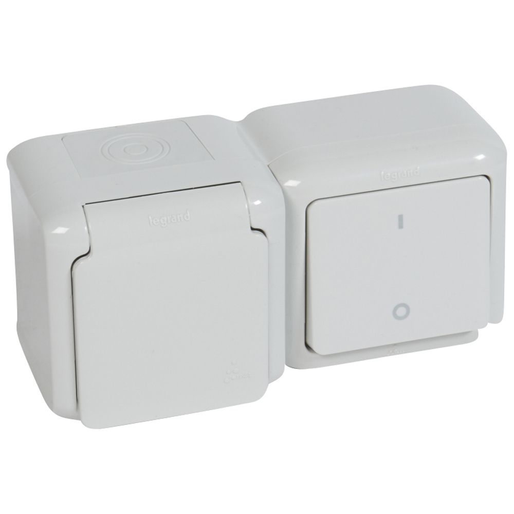 Legrand Forix IP44 fk Legrand 2p kapcsoló + Legrand 2p+F csatlakozóaljzat, csapófedéllel, biztonsági zsaluval, szürke