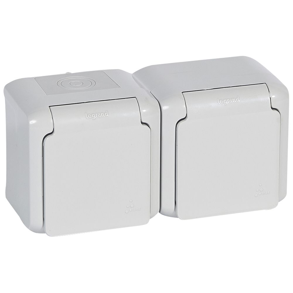 Legrand Forix IP44 fk 2xLegrand 2p+F földelt csatlakozóaljzat, 16A, csapófedéllel, biztonsági zsaluval, szürke