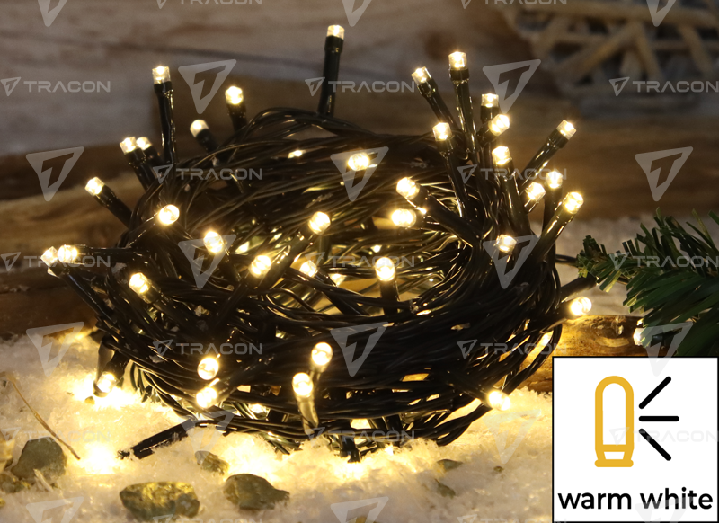 Tracon Karácsonyi fényfüzér, kültéri/beltéri, 2230VAC, 2+10M, 100LED, 3,6W, 2600-2700K, IP44