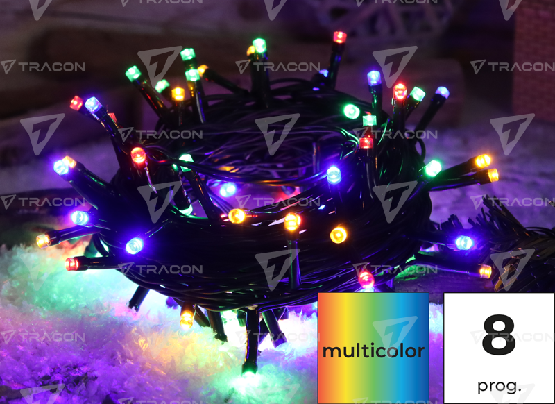 Tracon Karácsonyi programozható fényfüzér,színes,kül/beltér, 230VAC, 5+20M, 200LED, 6W, RGB, IP44