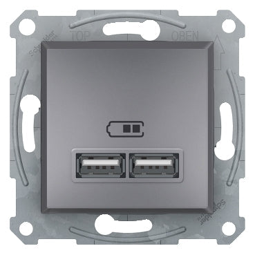 Schneider Asfora Dupla USB töltő, 2.1A, A+A, acél