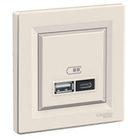 Schneider Asfora Dupla USB töltő, 2.4A, A+C, bézs