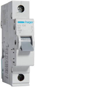 Hager kismegszakító,autómata 1P, B-6A, 4,5kA, 1M MX106