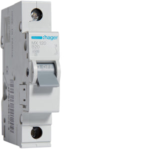 Hager kismegszakító,autómata 1P, B-20A, 4,5kA, 1M MX120