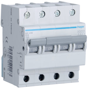 Hager kismegszakító,autómata 4P, B-16A, 4,5kA, 4M MX416