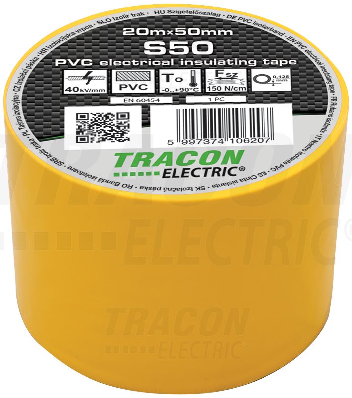 Szigetelőszalag 20m×50mm PVC 90fok.ig Sárga