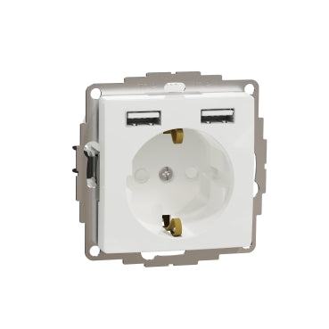 Schneider ÚJ SEDNA 2P+F csatlakozóaljzat, BZS, kettős USB töltővel, rugós, 16A/2.4A, fehér