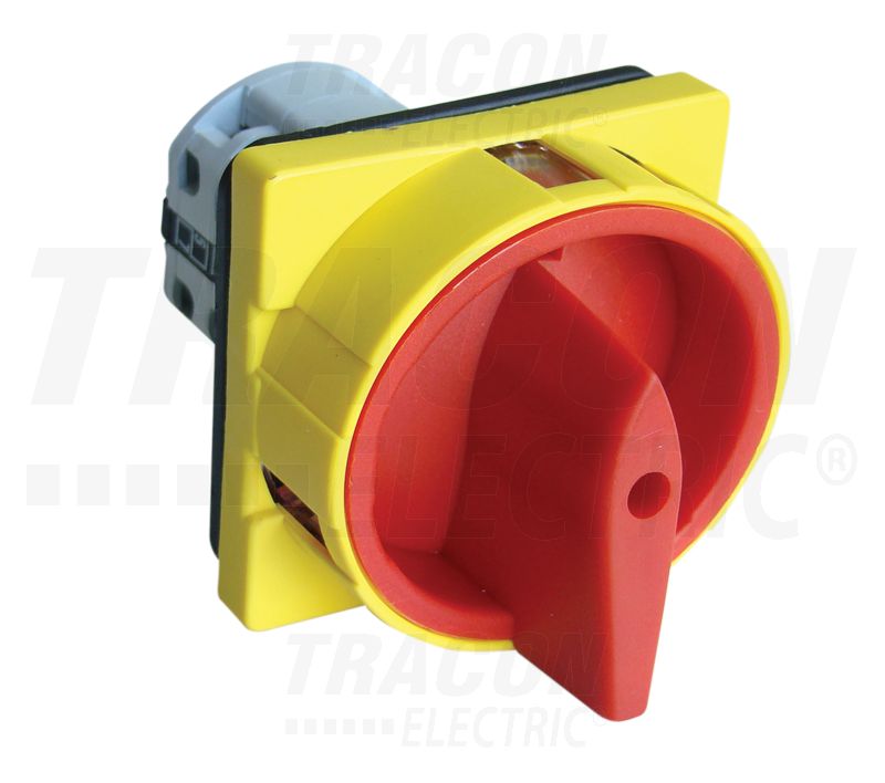 Főkapcsoló 400V, 50Hz, 32A, 4P, 11kW, 64×64mm Lakatolható Be-Ki Tokozott IP44 Sárga