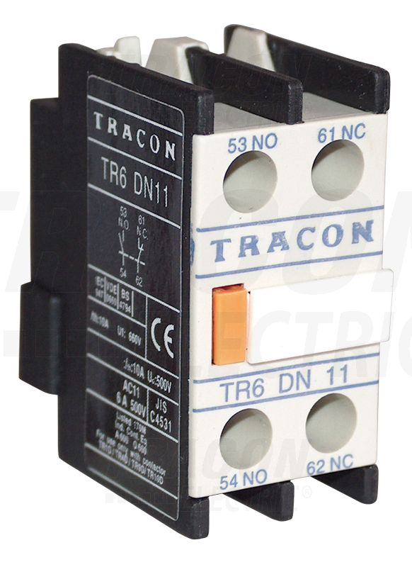 Homlokoldali Segédérintkező. 230V, 50Hz, 2A, 2×NC TR6DN02
