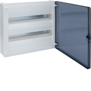 Hager Kiselosztó PE/N-sínnel 63A 2x 18M falonkívüli fehér IP40 átlátszó teli ajtó Golf VS218TD