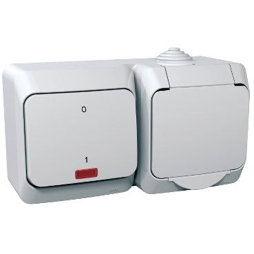 Schneider CEDAR PLUS 2P+F csatlakozóaljzat, kétpólusú jelzőfényes kapcsolóval, IP44, fehér