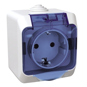 Schneider CEDAR PLUS 2P+F csatlakozóaljzat, biztonsági zsaluval, átlátszó csapófedéllel, IP44, fehér