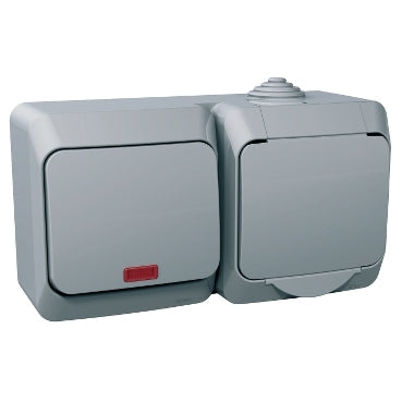 Schneider CEDAR PLUS 2P+F csatlakozóaljzat, egypólusú jelzőfényes kapcsolóval, IP44, szürke