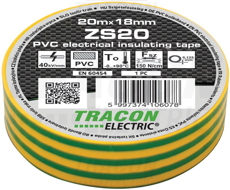Szigetelőszalag 20m×18mm PVC 90Fok.ig Zöldsárga