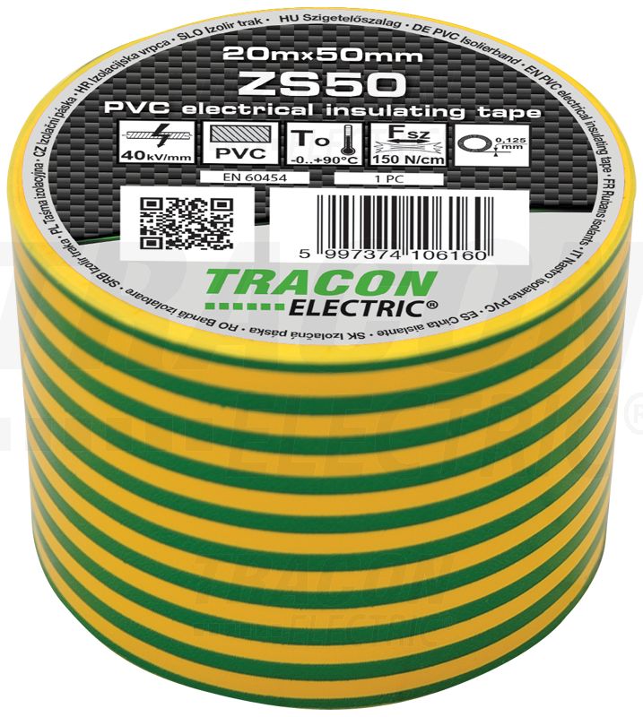 Szigetelőszalag 20m×50mm PVC 90fok.ig Zöldsárga