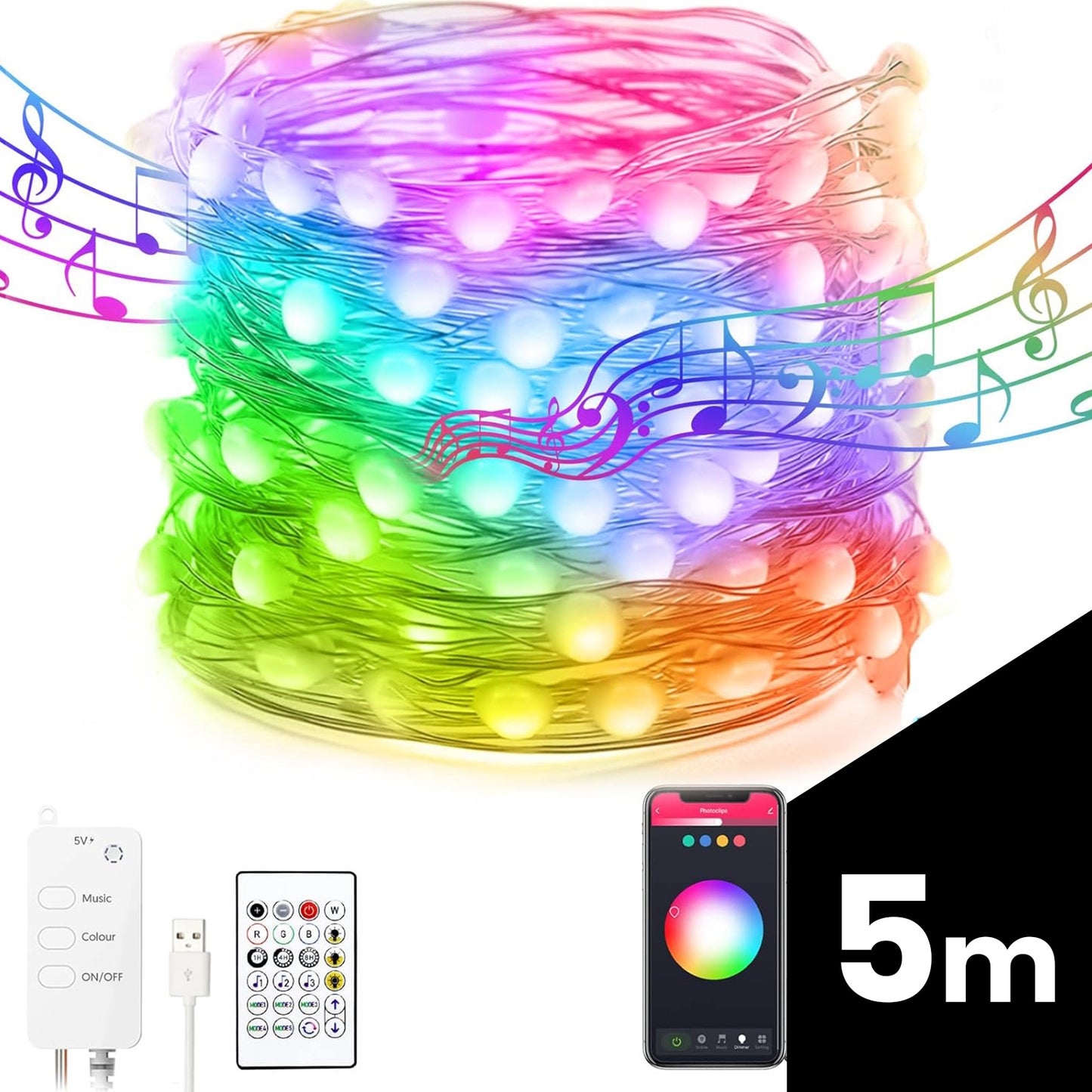 Smart fényfüzér - USB - 33 RGB LED - 5 m - Bluetooth, Applikáció:Hello Fairy (Ingyenesen letölthető),	Fényfüzér: IP44 Vezérlőegység és USB csatlakozás: IP20, 1,2A, 5W