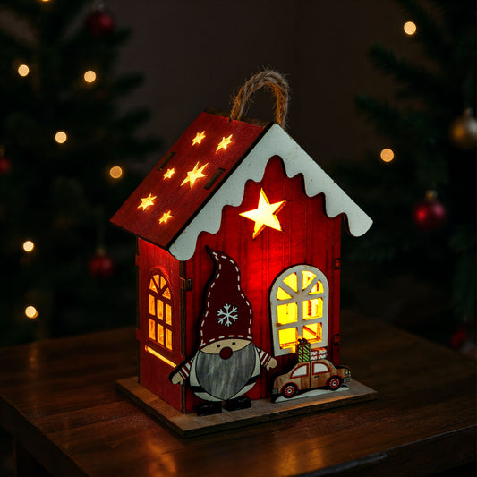 Karácsonyi LED-es dekoráció - házikó manóval - melegfehér LED, piros - 7,5 x 5 x 10 cm