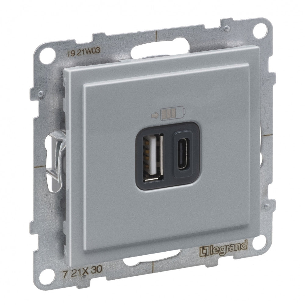 LEGRAND Suno alumínium 2xUSB - A+C csatlakozóaljzat, 3 A - 15 W, keret nélkül 721330