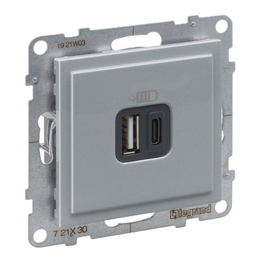 LEGRAND Suno alumínium 2xUSB - A+C csatlakozóaljzat, 3 A - 15 W, keret nélkül 721330