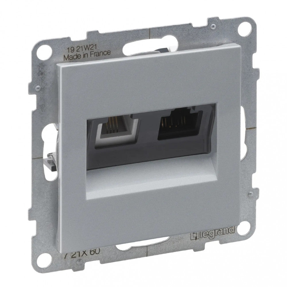 LEGRAND Suno alumínium RJ 11 telefon + RJ 45 Cat.6 UTP csatlakozóaljzat, keret nélkül 721360