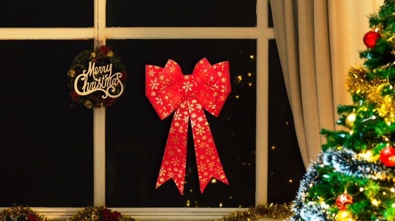 LED karácsonyi masni, vörös,arany, elemes, Timer 6+18h,25LED, 3000K, 2xAA,CHRBORG25WW