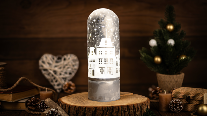 LED karácsonyi bura, város, üveg, elemes,  Timer 6+18h, 15LED, 3000K, 3xAA,CHRGS15WW