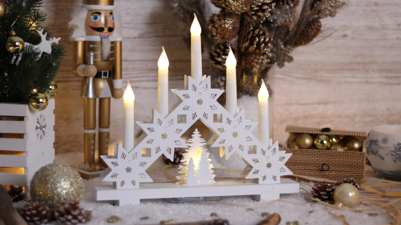 LED karácsonyi gyertyapiramis,csillag,fa,fehér,elemes,  Timer 6+18h,5LED, 3000K, 2xAA, CHRSTCANWW5WW