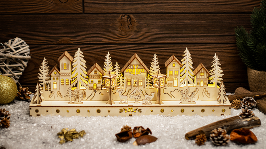 LED karácsonyi falu, fa, elemes , Timer 6+18h, 15LED, 3000K, 2xAA,CHRVIL15WW