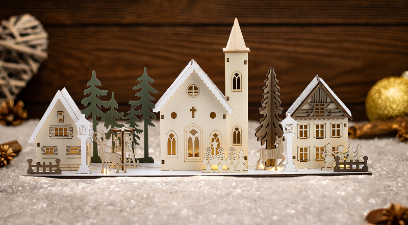 LED karácsonyi falu, fa, elemes,Timer 6+18h, 10LED, 3000K, 2xAA,CHRVILC10WW