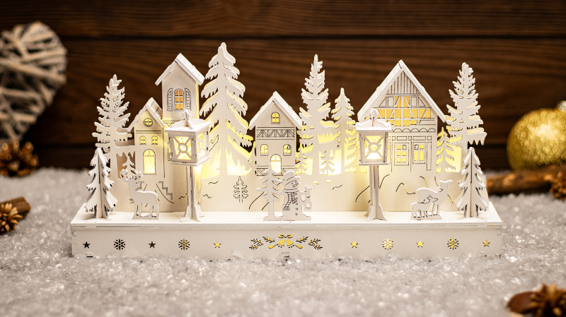 LED karácsonyi falu, fa, fehér, elemes,Timer 6+18h, 10LED, 3000K, 2xAA,CHRVILW10WW