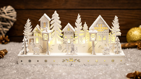 LED karácsonyi falu, fa, fehér, elemes,Timer 6+18h, 10LED, 3000K, 2xAA,CHRVILW10WW