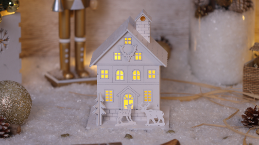 LED karácsonyi házikó, fa, fehér, elemes  Timer 6+18h,2LED, 3000K, 2xAA CHRWHW2WW