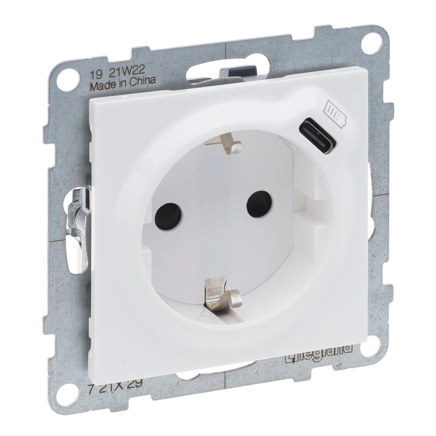 LEGRAND Suno fehér 2P+F GYV + USB-C csatlakozóaljzat (rugós), biztonsági zsaluval, keret nélkül 721129