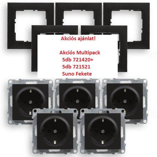 LEGRAND AKCIÓS MULTIPACK 5db Suno fekete GYV 2P+F csatlakozóaljzat (rugós), biztonsági zsaluval, kompletten kerettel, 722420 (=5db 721420 + 5db 721521)