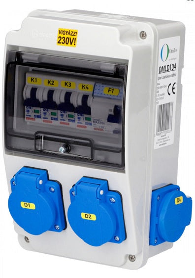 Szerelt ipari csatlakozótábla 4x 230V dugalj 4x 1P C16A 6kA kismegszakító 1x 2P 40A 30mA Fí-relé IP44 védelem OMDL104