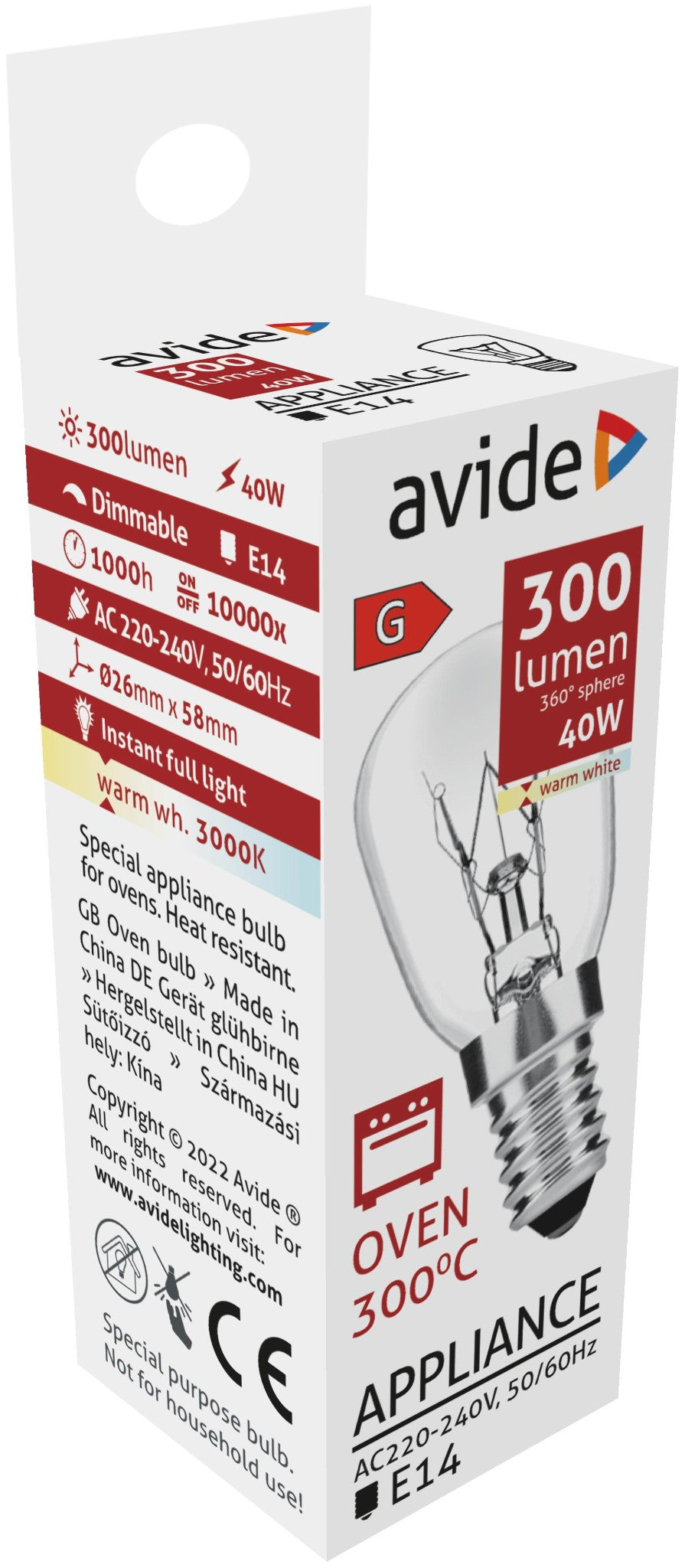 Avide Sütőizzó 300°C izzó 40W E14 WW 3000K AROB14WW-40W