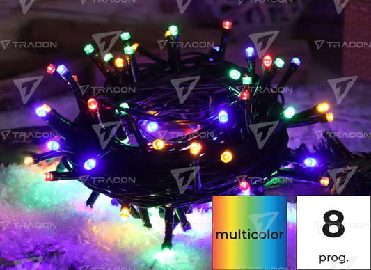 Tracon Karácsonyi programozható fényfüzér,színes,kül/beltér,  230VAC, 2+10M, 100LED, 3,6W, RGB, IP44